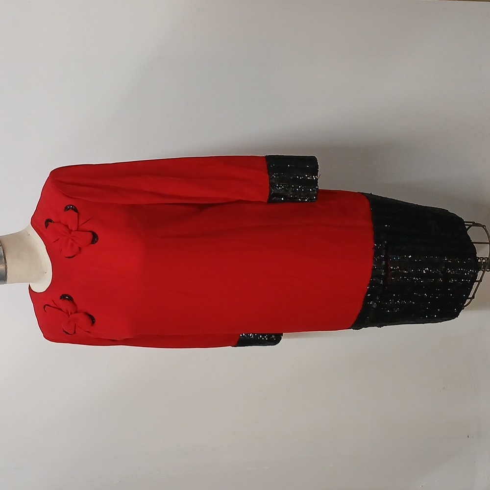Vintage Nina Raynor Red Dress with Black Sequin and Bead Detail / Size 10 - Picture 2 of 10